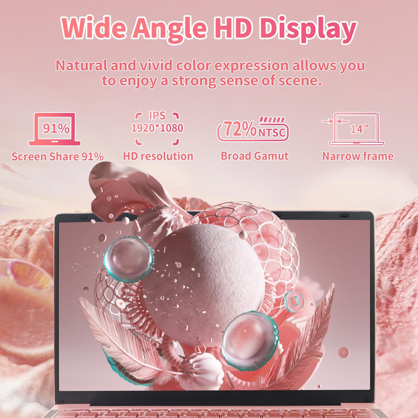 14" Rose Gold FHD IPS Display Ultra-Thin Laptop,Inter Celeron J4105 (up to2.8GHz), 6GB DDR4 RAM, 256GB SSD, 180° Opening, 2 USB3.0, WiFi/BT, Perfect for Travel, Study and Work