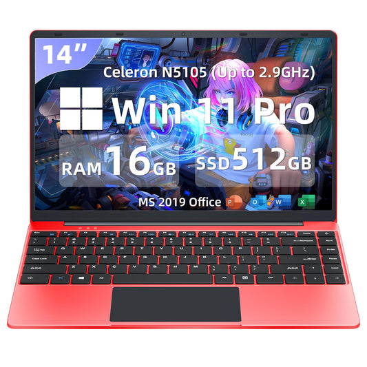 14" Laptop【Windows 11 Pro/Microsoft Office 365】 Celeron N5105, 16GB RAM, 512GB SSD, FHD IPS Display, 180° Convertible, Ultra-Thin, Portable/USB/HDMI/WiFi/Stylish Performance